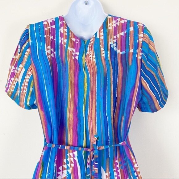 VINTAGE 80s STOCK OPTIONS Bohemian Retro MIDI Dress Lightweight Abstract Blue Lg - Picture 4 of 7